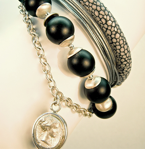 11) Medusa (Venice) in solid sterling silver, in combination with Onyx beads embraced by sterling silver, pearl shells, napa, and stingray leather.
